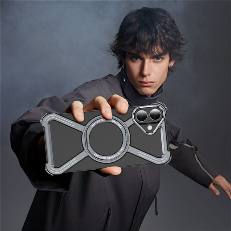 For iPhone 16 Plus Magnetic Case Rotating Kickstand Metal Bumper Phone Cover - Grey