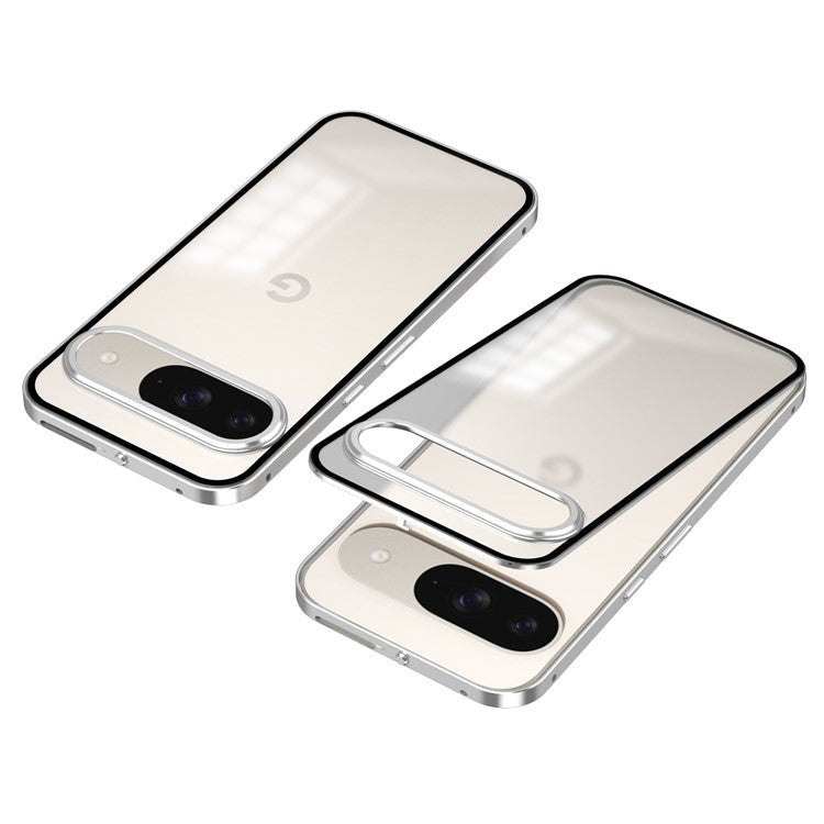 For Google Pixel 9 / Pixel 9 Pro Matte Case Aluminium Alloy+PC Phone Cover Pop-Up Snap Lock - Silver