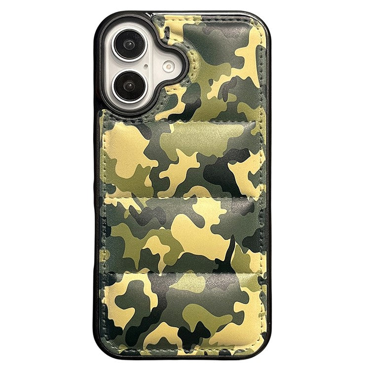For iPhone 16 Case Camo Puffer Jacket Leather+TPU 3D Protective Cover - Green