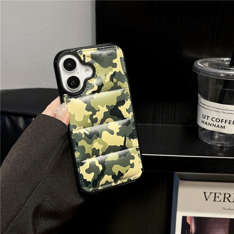 For iPhone 16 Case Camo Puffer Jacket Leather+TPU 3D Protective Cover - Green