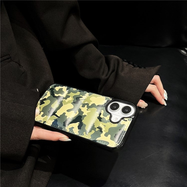 For iPhone 16 Case Camo Puffer Jacket Leather+TPU 3D Protective Cover - Green