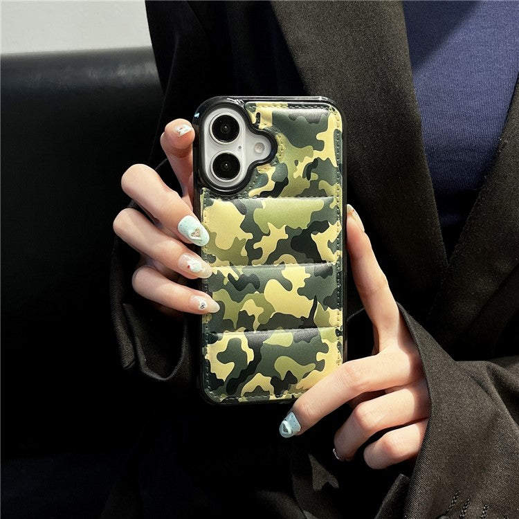For iPhone 16 Case Camo Puffer Jacket Leather+TPU 3D Protective Cover - Green