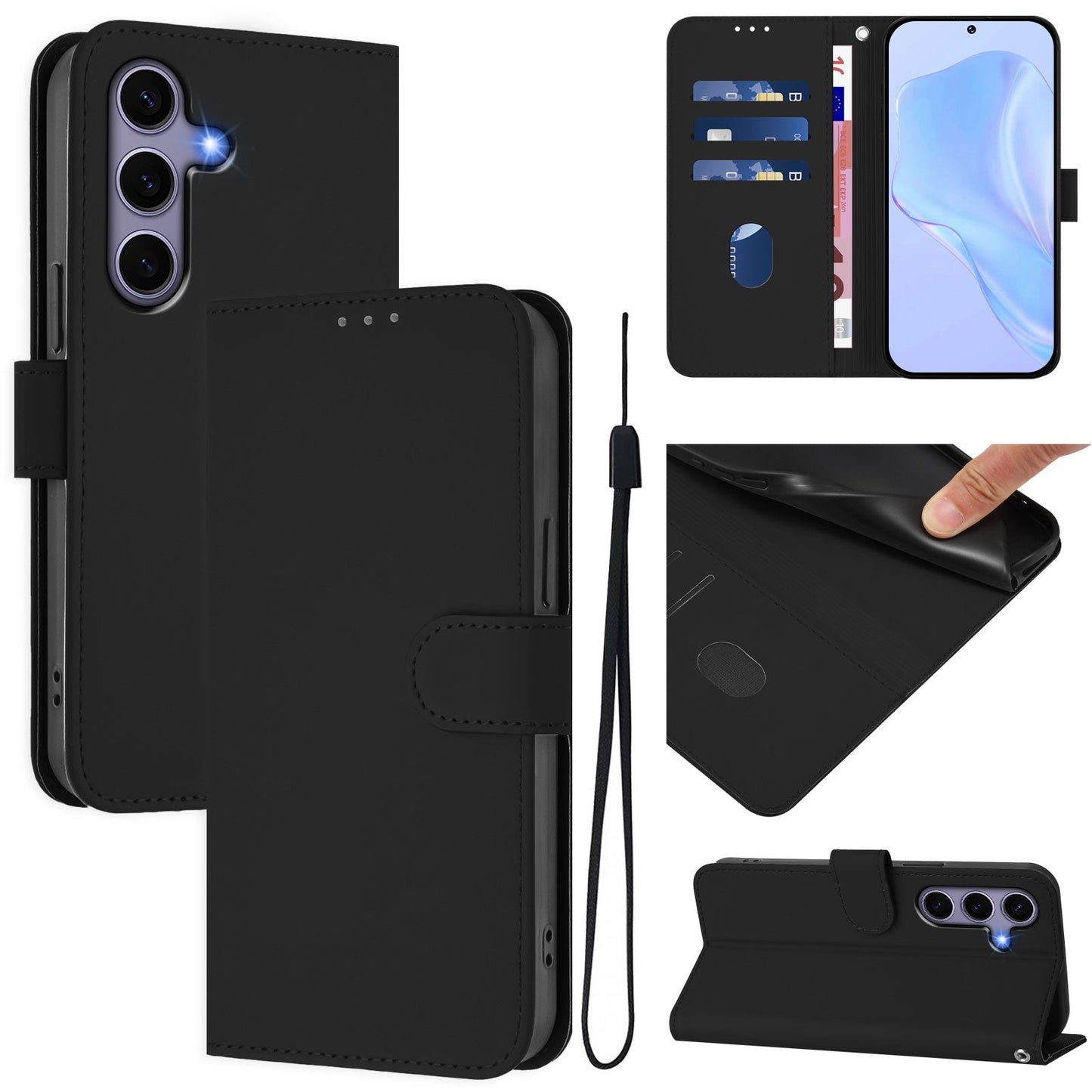 For Samsung Galaxy S24 / Galaxy S25 Case Solid Color Wallet Leather Phone Cover with Strap - Black