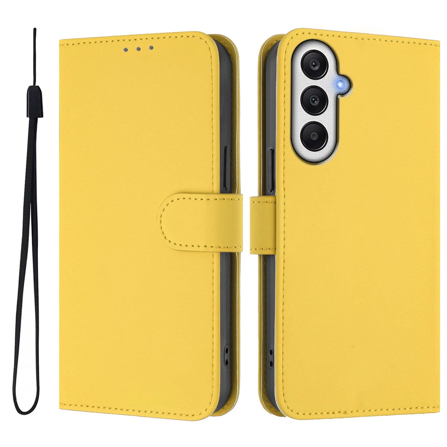 For Samsung Galaxy A55 5G Case Solid Color Wallet Leather Phone Cover with Strap - Lemon