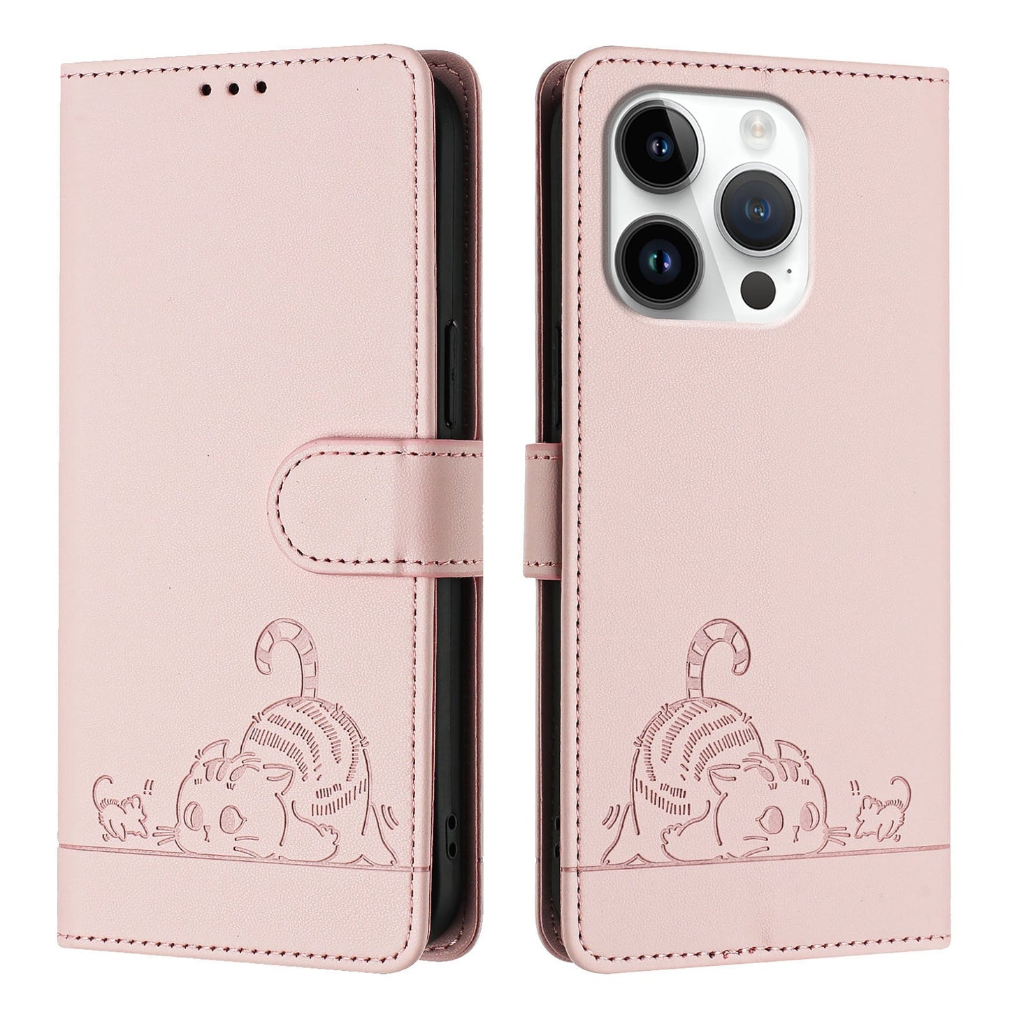 For iPhone 16 Pro Case with Strap RFID Blocking Leather Wallet Phone Cover Cat Mouse Pattern - Pink