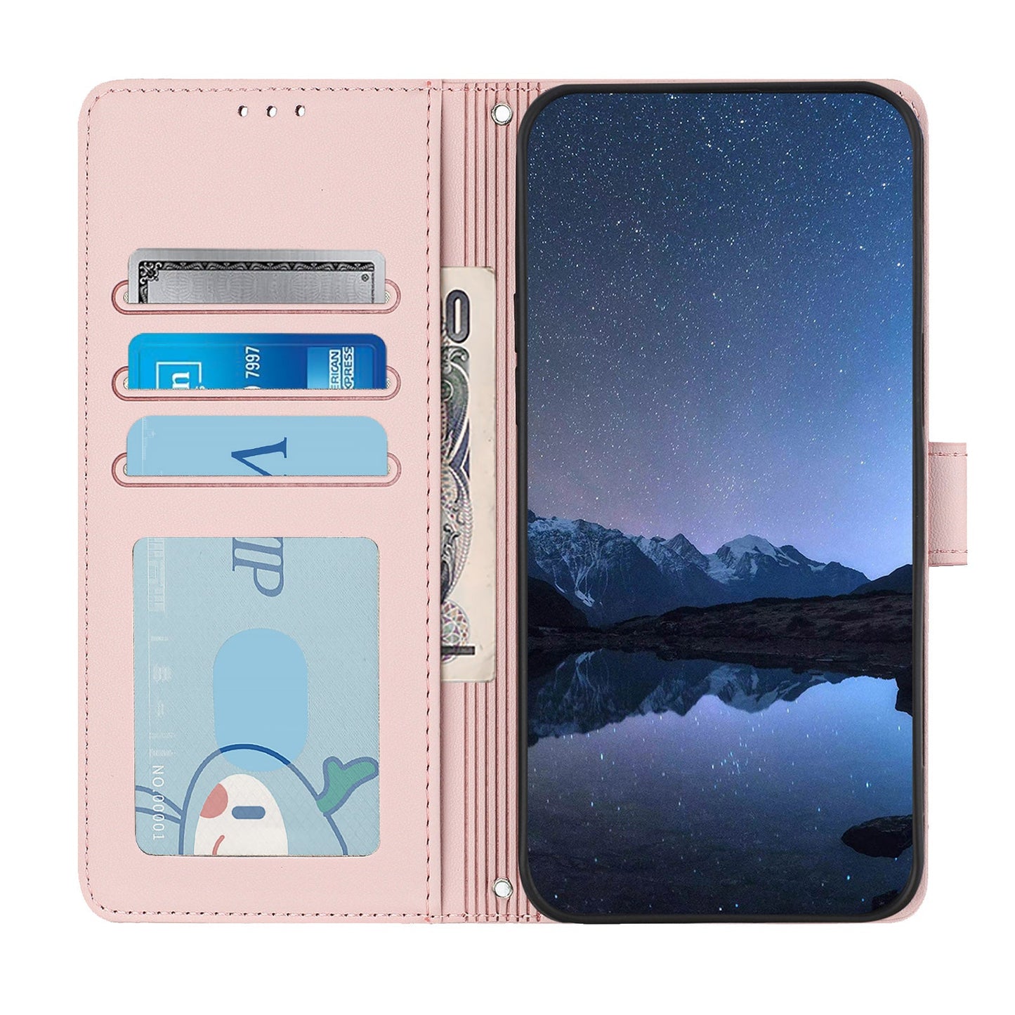 For iPhone 16 Pro Case with Strap RFID Blocking Leather Wallet Phone Cover Cat Mouse Pattern - Pink