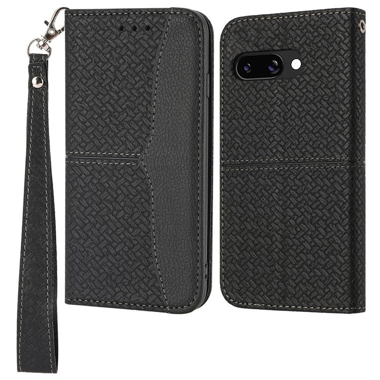 For Google Pixel 9a Case Woven Texture PU Leather Wallet Phone Cover - Black