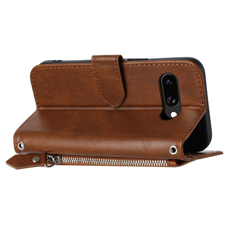 For Google Pixel 9a Case Zipper Pocket Leather Phone Cover with Crossbody Shoulder Strap - Brown