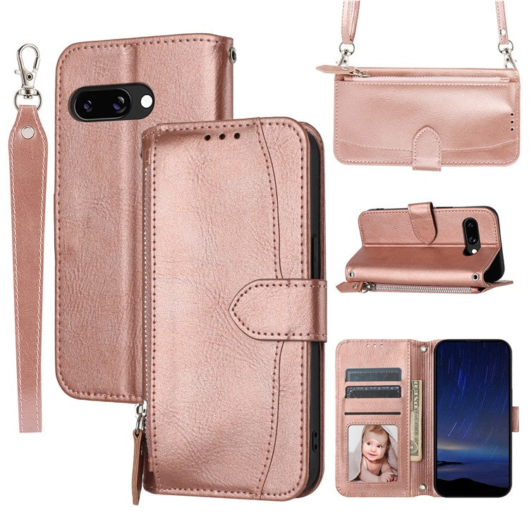 For Google Pixel 9a Case Zipper Pocket Leather Phone Cover with Crossbody Shoulder Strap - Rose Gold