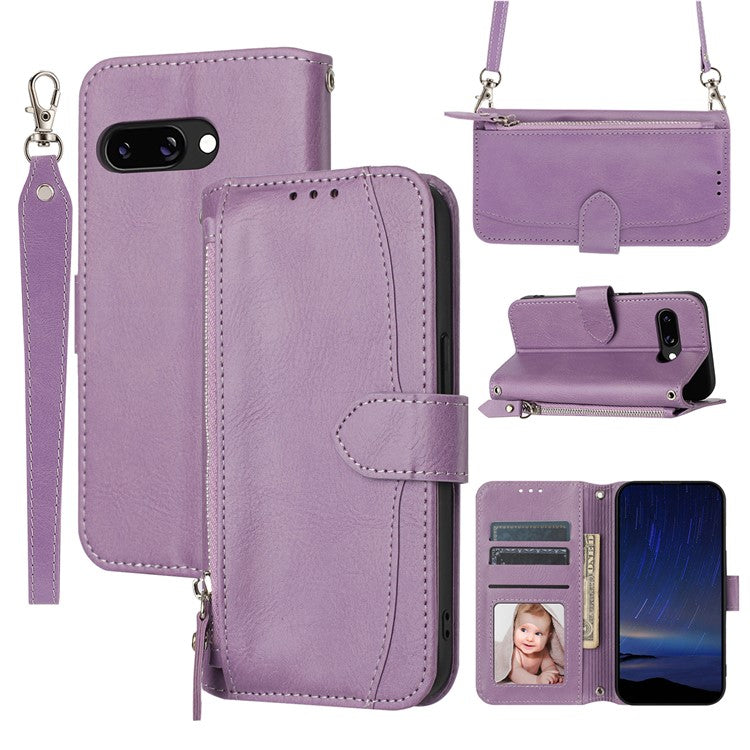 For Google Pixel 9a Case Zipper Pocket Leather Phone Cover with Crossbody Shoulder Strap - Purple