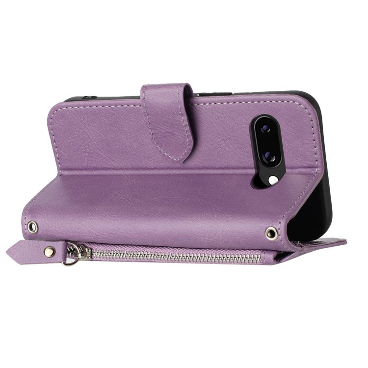 For Google Pixel 9a Case Zipper Pocket Leather Phone Cover with Crossbody Shoulder Strap - Purple