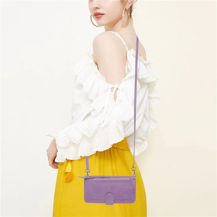 For Google Pixel 9a Case Zipper Pocket Leather Phone Cover with Crossbody Shoulder Strap - Purple