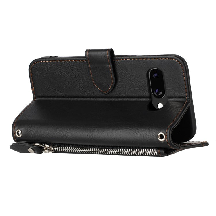 For Google Pixel 9a Case Zipper Pocket Leather Phone Cover with Crossbody Shoulder Strap - Black