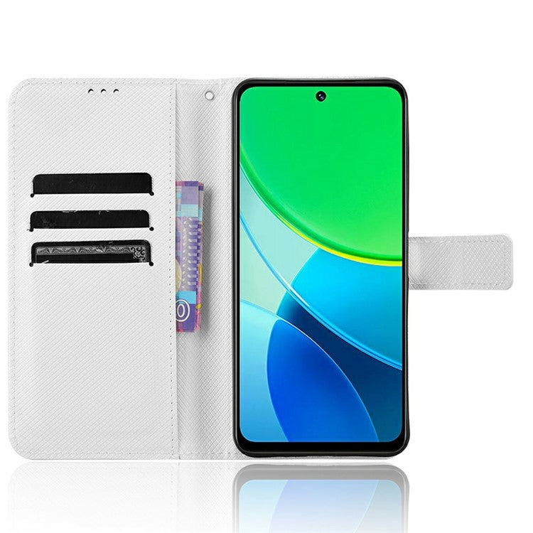 For vivo Y19s 4G Case PU Leather Diamond Texture Wallet Phone Cover - White