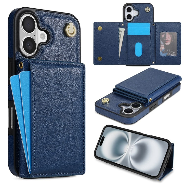 BKS-003 For iPhone 16 Case Tri-Fold Card Holder Kickstand TPU+Leather Back Cover with Shoulder Strap - Blue