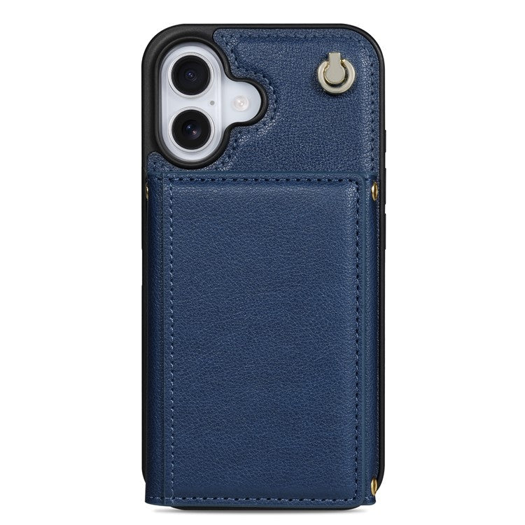 BKS-003 For iPhone 16 Case Tri-Fold Card Holder Kickstand TPU+Leather Back Cover with Shoulder Strap - Blue