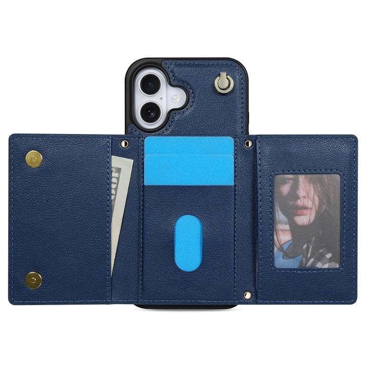 BKS-003 For iPhone 16 Case Tri-Fold Card Holder Kickstand TPU+Leather Back Cover with Shoulder Strap - Blue