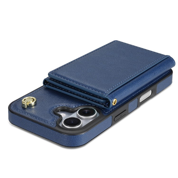 BKS-003 For iPhone 16 Case Tri-Fold Card Holder Kickstand TPU+Leather Back Cover with Shoulder Strap - Blue