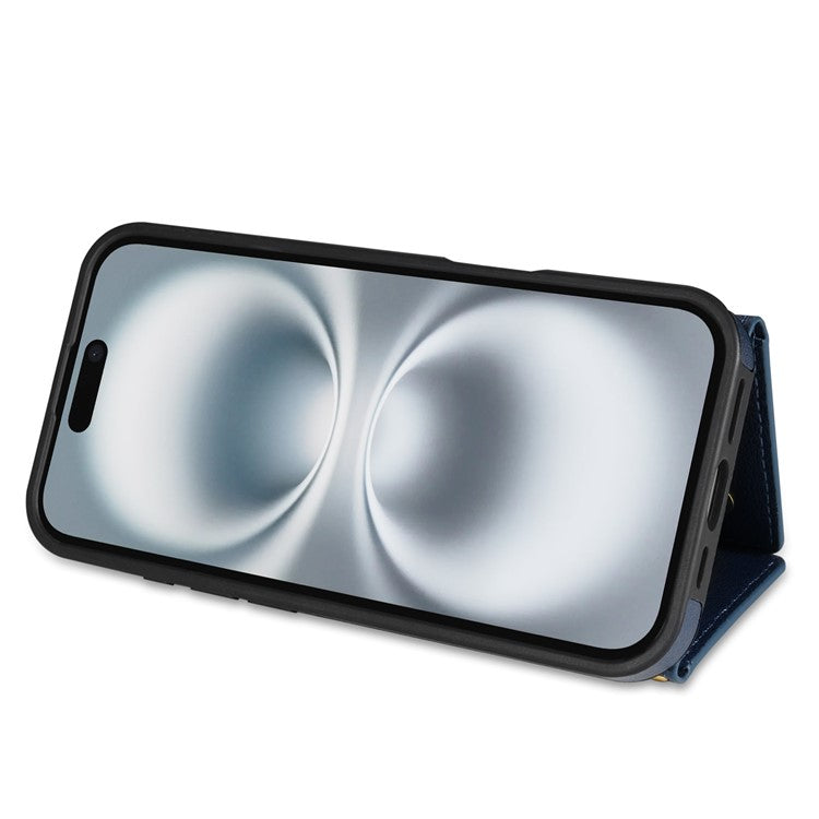 BKS-003 For iPhone 16 Case Tri-Fold Card Holder Kickstand TPU+Leather Back Cover with Shoulder Strap - Blue