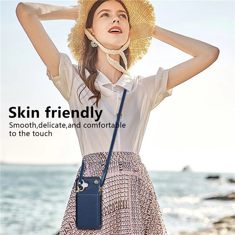 BKS-003 For iPhone 16 Case Tri-Fold Card Holder Kickstand TPU+Leather Back Cover with Shoulder Strap - Blue