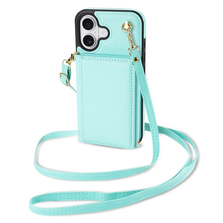 BKS-003 For iPhone 16 Plus Case Tri-Fold Card Holder Kickstand TPU+Leather Back Cover with Shoulder Strap - Green