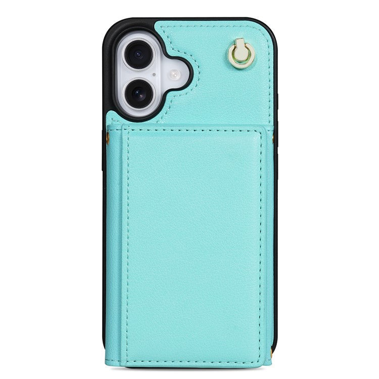 BKS-003 For iPhone 16 Plus Case Tri-Fold Card Holder Kickstand TPU+Leather Back Cover with Shoulder Strap - Green