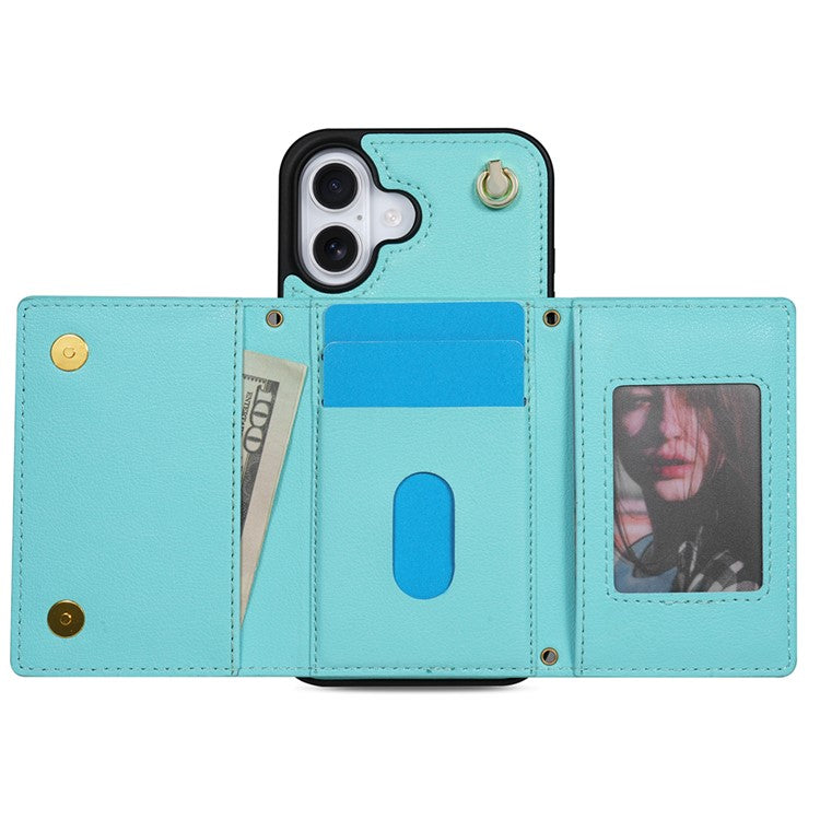 BKS-003 For iPhone 16 Plus Case Tri-Fold Card Holder Kickstand TPU+Leather Back Cover with Shoulder Strap - Green