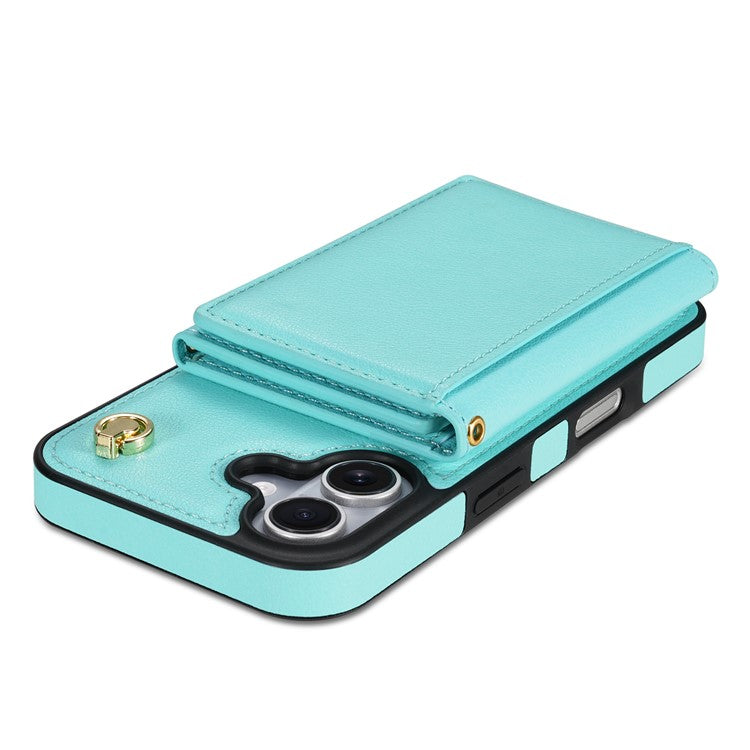 BKS-003 For iPhone 16 Plus Case Tri-Fold Card Holder Kickstand TPU+Leather Back Cover with Shoulder Strap - Green