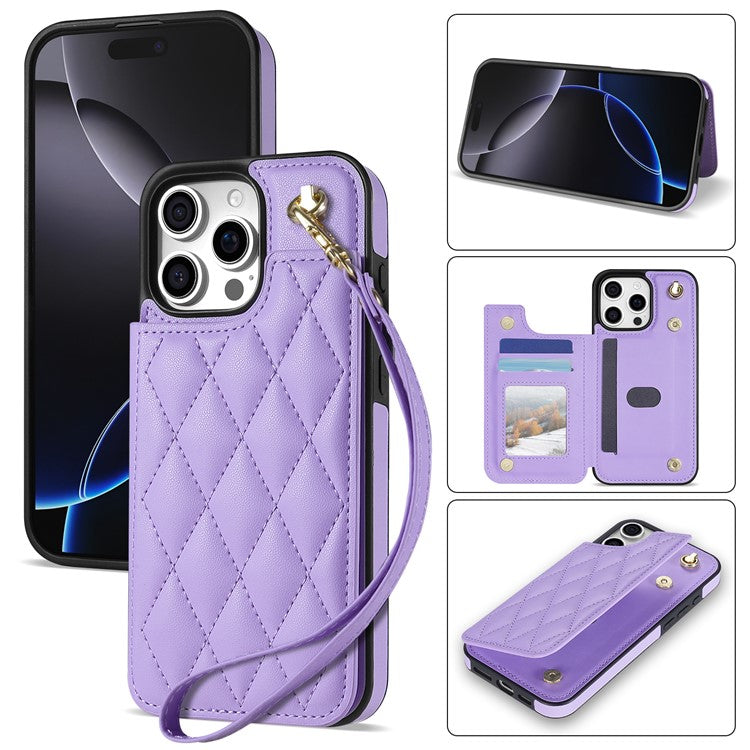 For iPhone 16 Pro Case with Wrist Strap Card Slots Rhombus Leather+TPU Phone Cover - Purple