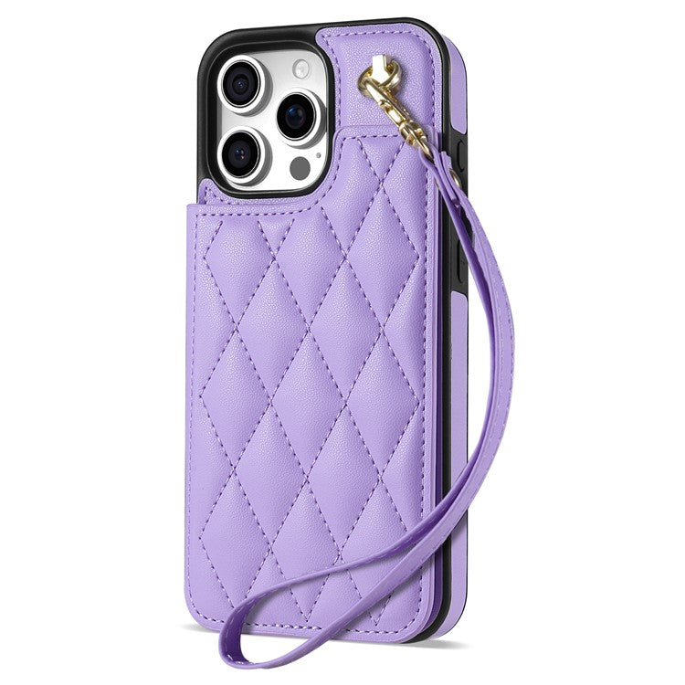 For iPhone 16 Pro Case with Wrist Strap Card Slots Rhombus Leather+TPU Phone Cover - Purple