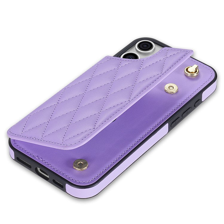 For iPhone 16 Pro Case with Wrist Strap Card Slots Rhombus Leather+TPU Phone Cover - Purple