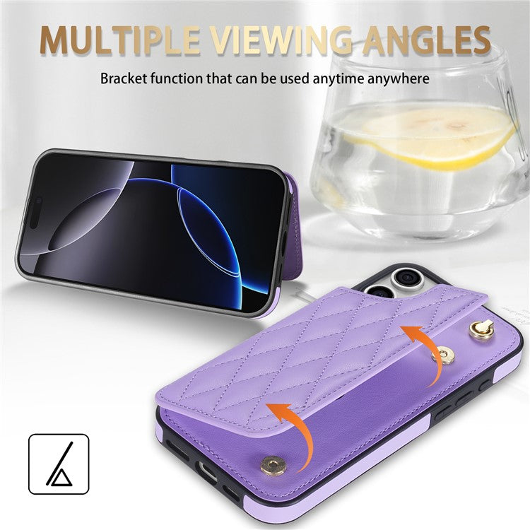 For iPhone 16 Pro Case with Wrist Strap Card Slots Rhombus Leather+TPU Phone Cover - Purple