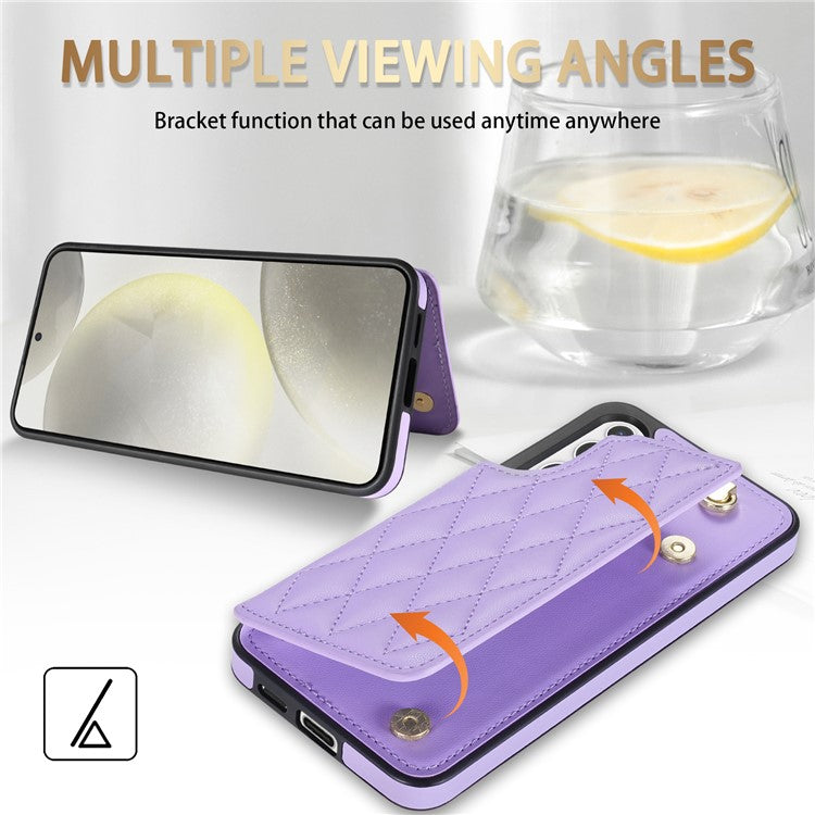 For Samsung Galaxy S24 FE Case with Wrist Strap Card Slots Rhombus Leather+TPU Phone Cover - Purple