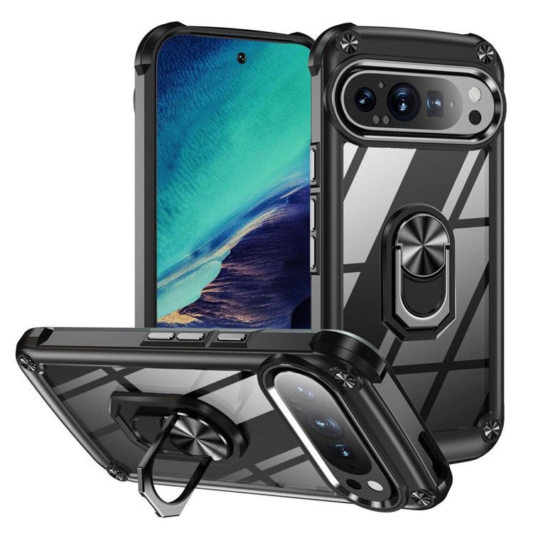 For Google Pixel 9 Pro / Pixel 9 Case Alloy Lens Frame PC + TPU Kickstand Phone Back Cover - Black