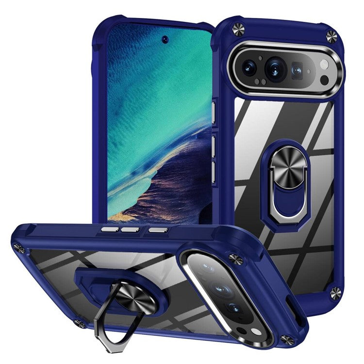 For Google Pixel 9 Pro XL Case Alloy Lens Frame PC + TPU Kickstand Phone Back Cover - Blue