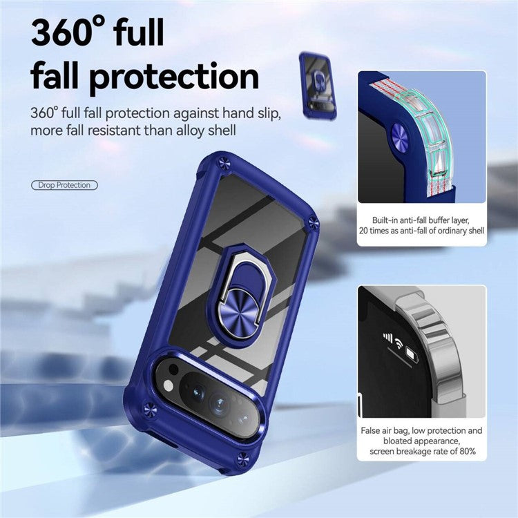 For Google Pixel 9 Pro XL Case Alloy Lens Frame PC + TPU Kickstand Phone Back Cover - Blue