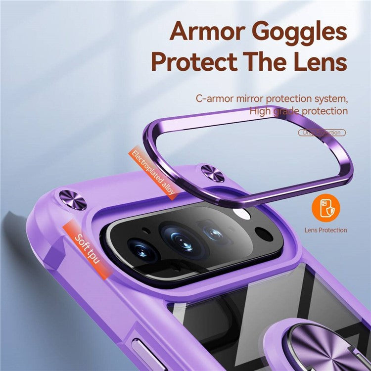 For Google Pixel 9 Pro XL Case Alloy Lens Frame PC + TPU Kickstand Phone Back Cover - Purple