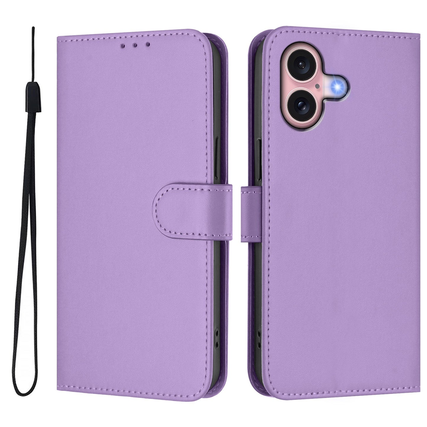 For iPhone 16 Case Solid Color Wallet Leather Phone Cover with Strap - Lavender
