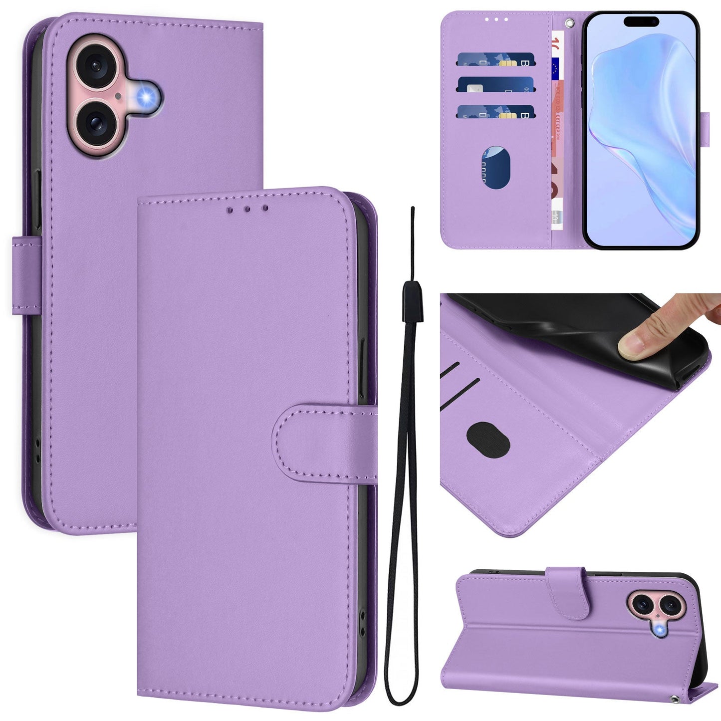 For iPhone 16 Case Solid Color Wallet Leather Phone Cover with Strap - Lavender