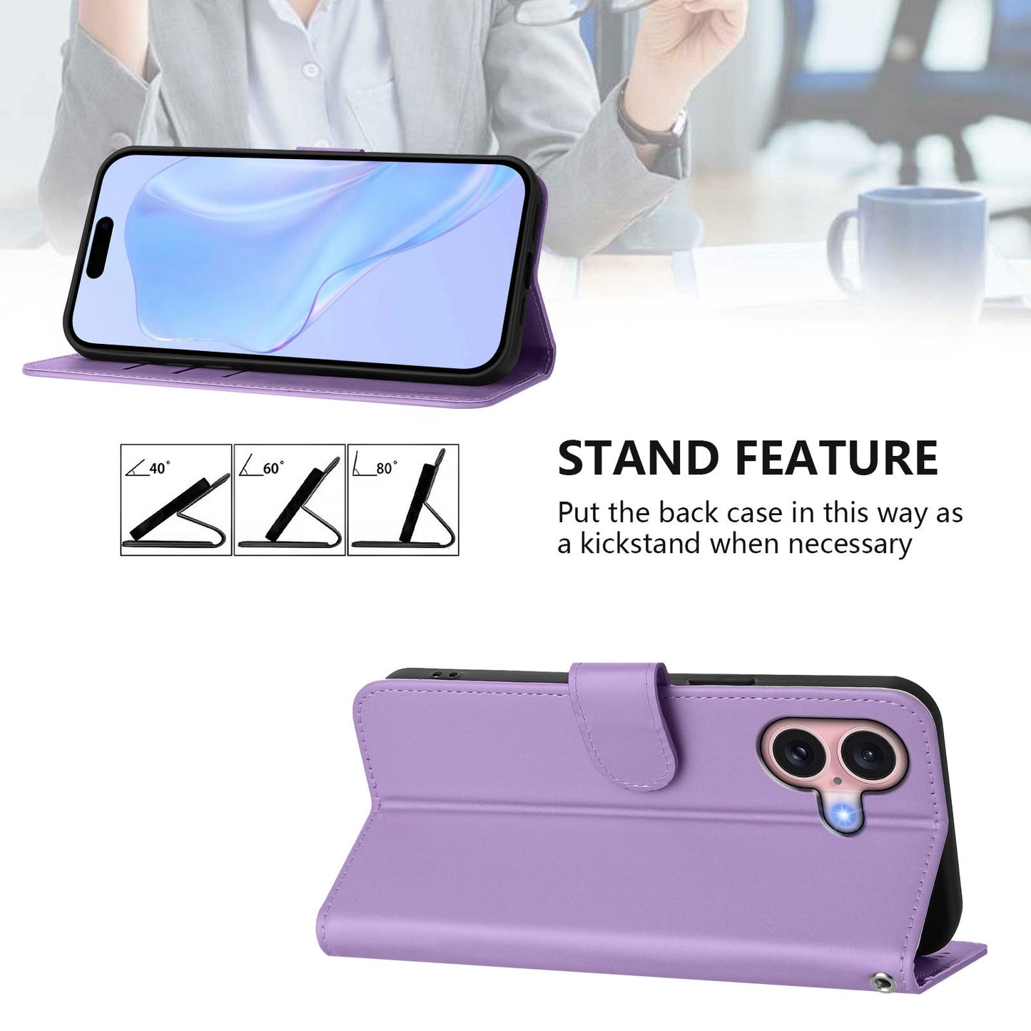 For iPhone 16 Case Solid Color Wallet Leather Phone Cover with Strap - Lavender