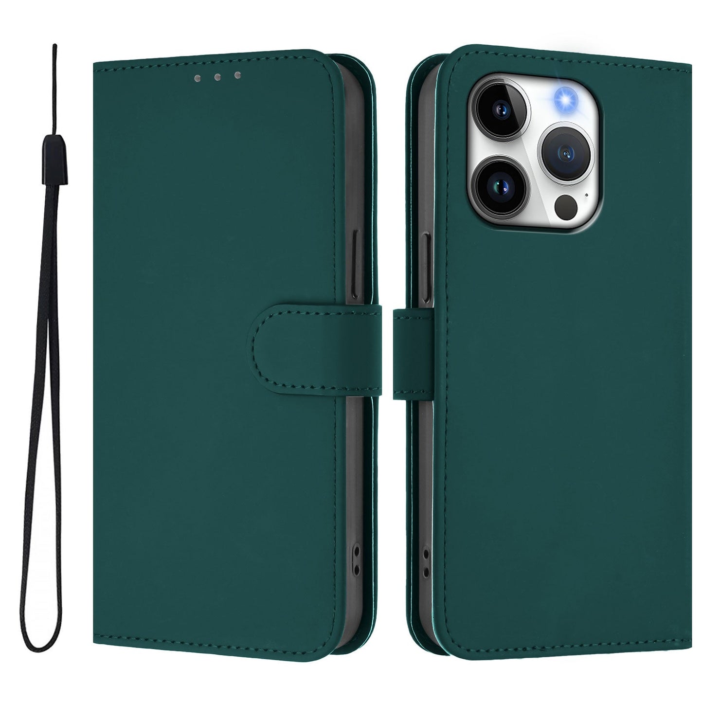 For iPhone 16 Pro Case Solid Color Wallet Leather Phone Cover with Strap - Dark Green