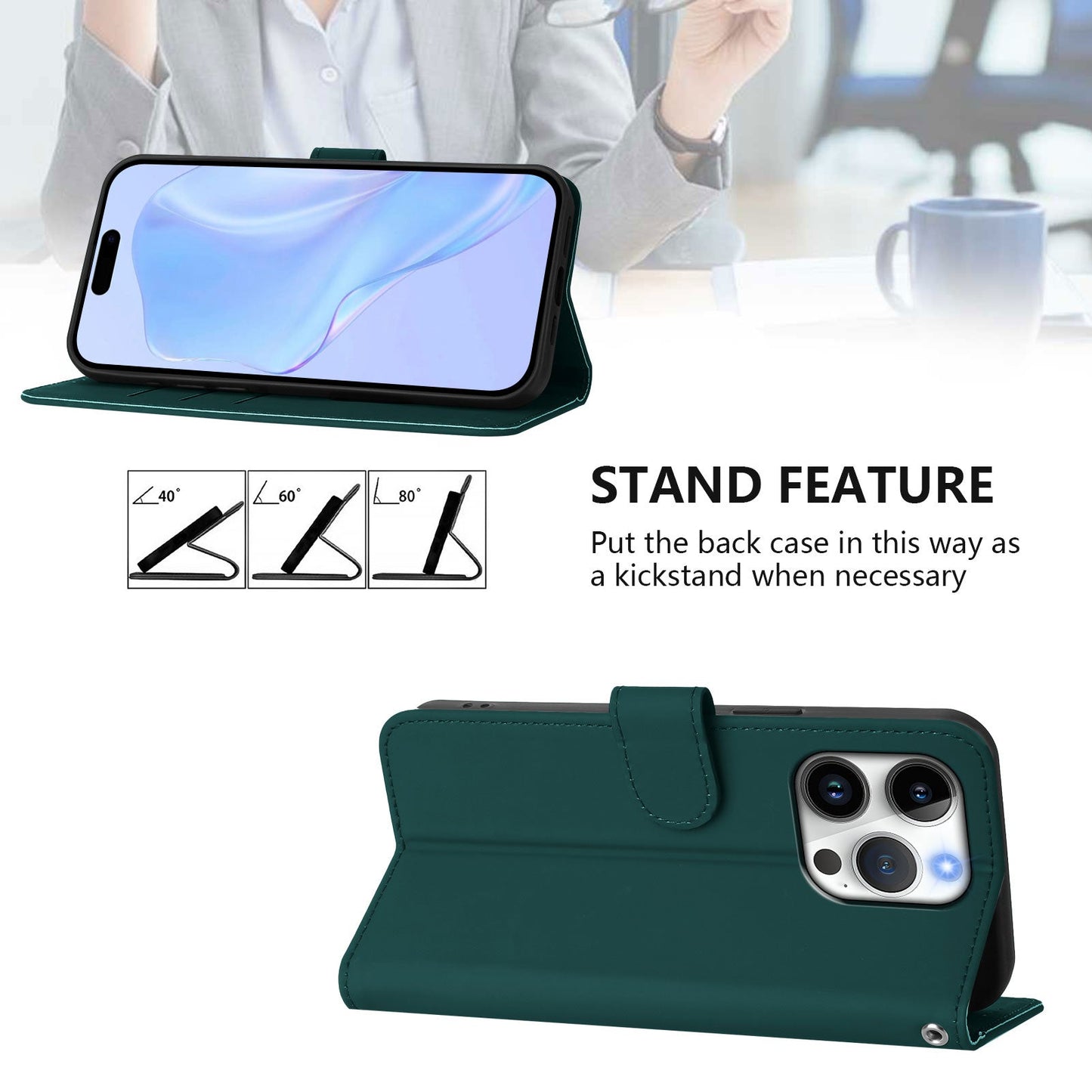 For iPhone 16 Pro Case Solid Color Wallet Leather Phone Cover with Strap - Dark Green