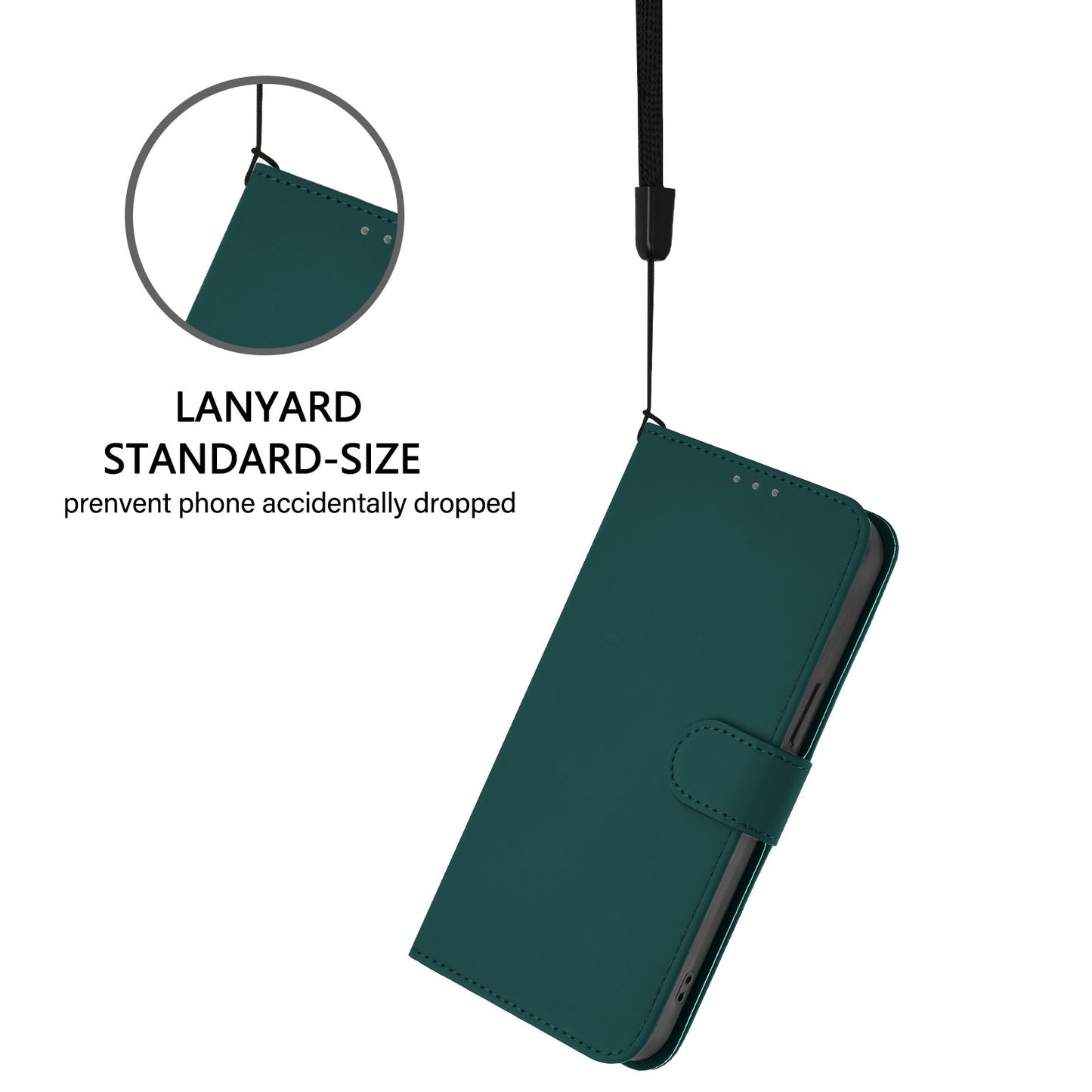 For iPhone 16 Pro Case Solid Color Wallet Leather Phone Cover with Strap - Dark Green