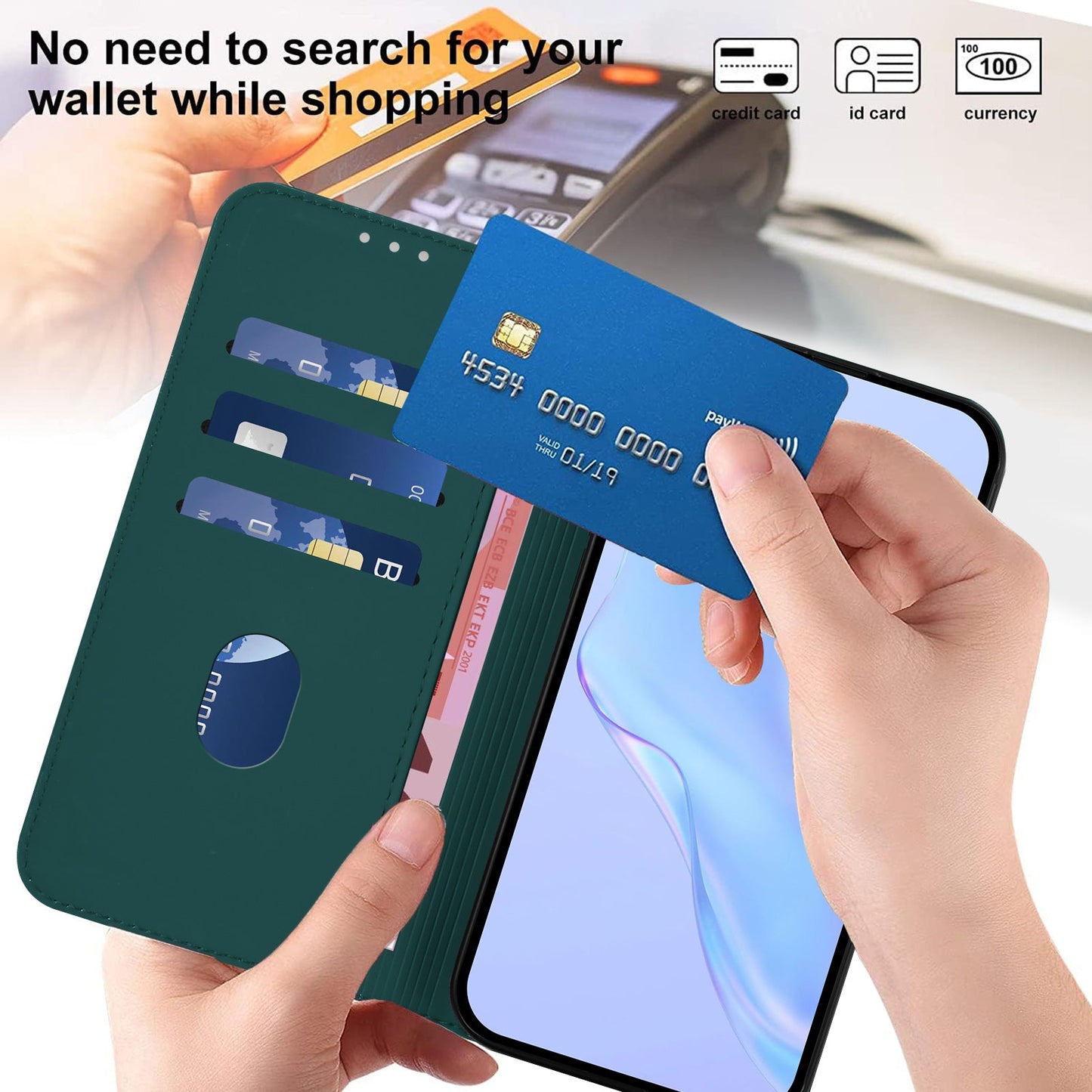 For iPhone 16 Pro Case Solid Color Wallet Leather Phone Cover with Strap - Dark Green