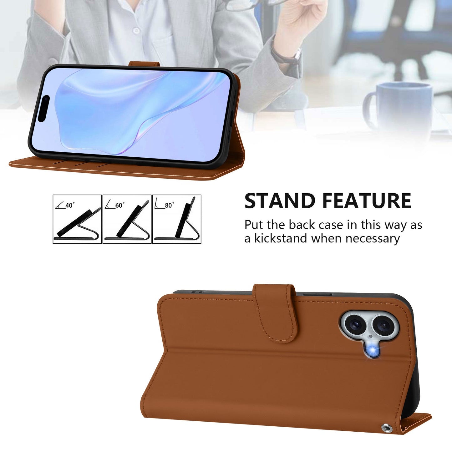 For iPhone 16 Plus Case Solid Color Wallet Leather Phone Cover with Strap - Brown