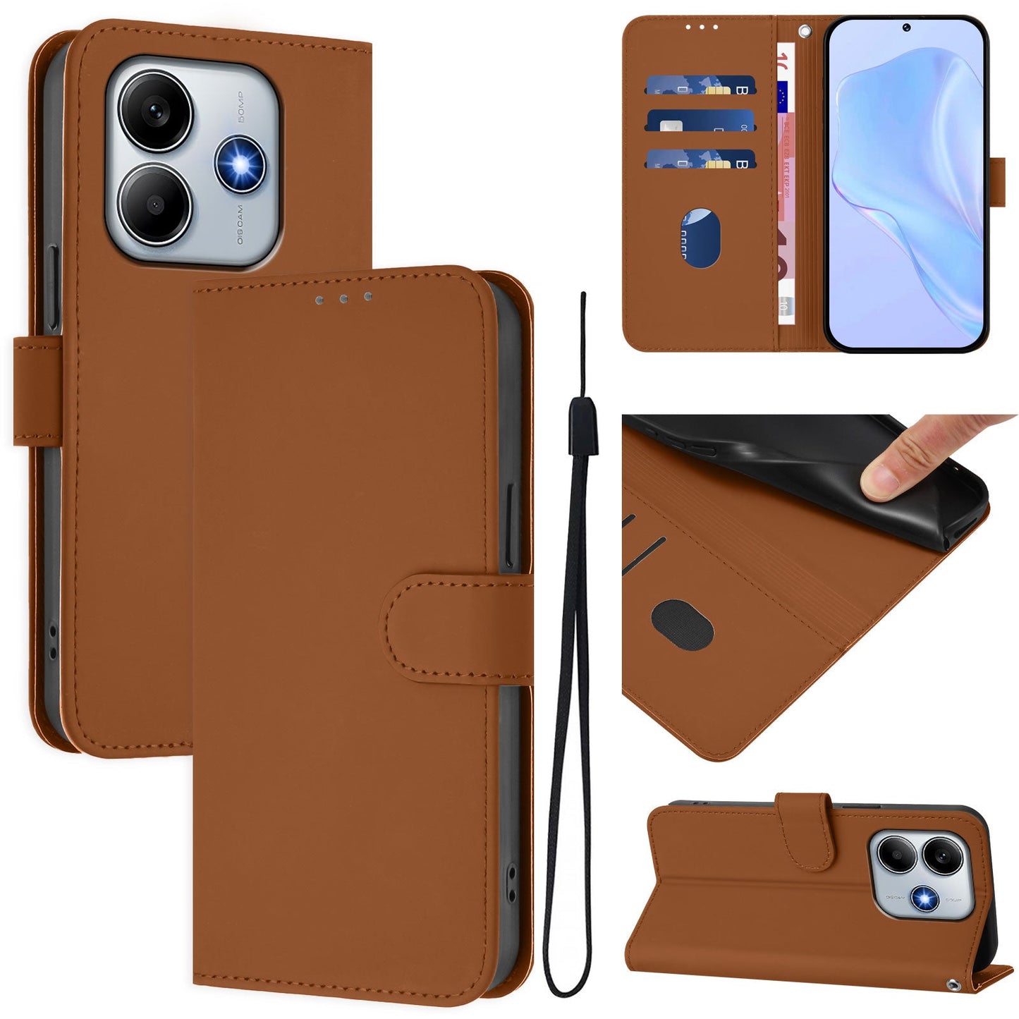 For Xiaomi Redmi Note 14 5G Case Solid Color Wallet Leather Phone Cover with Strap - Brown