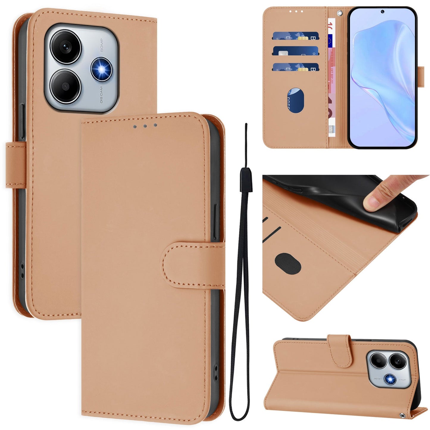 For Xiaomi Redmi Note 14 5G Case Solid Color Wallet Leather Phone Cover with Strap - Nude