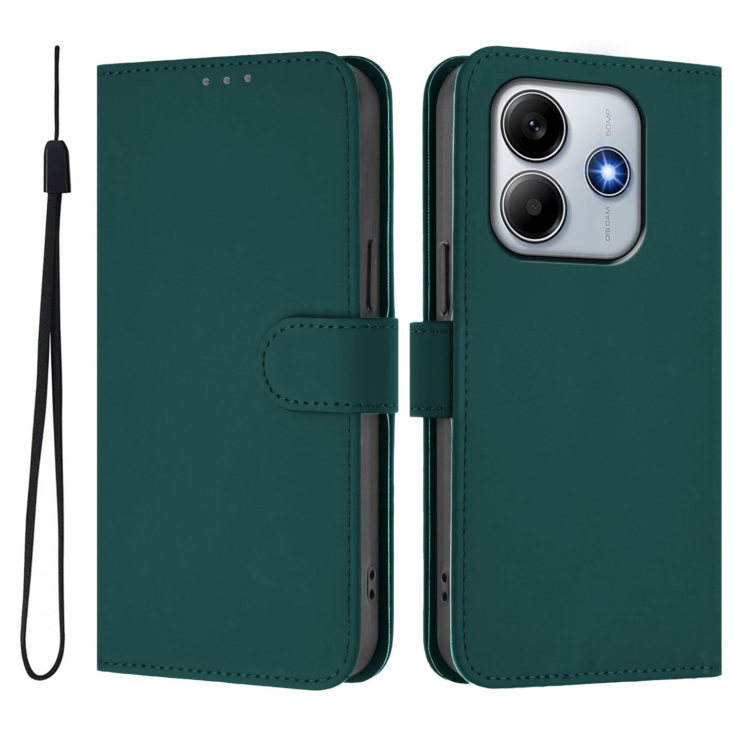 For Xiaomi Redmi Note 14 5G Case Solid Color Wallet Leather Phone Cover with Strap - Dark Green