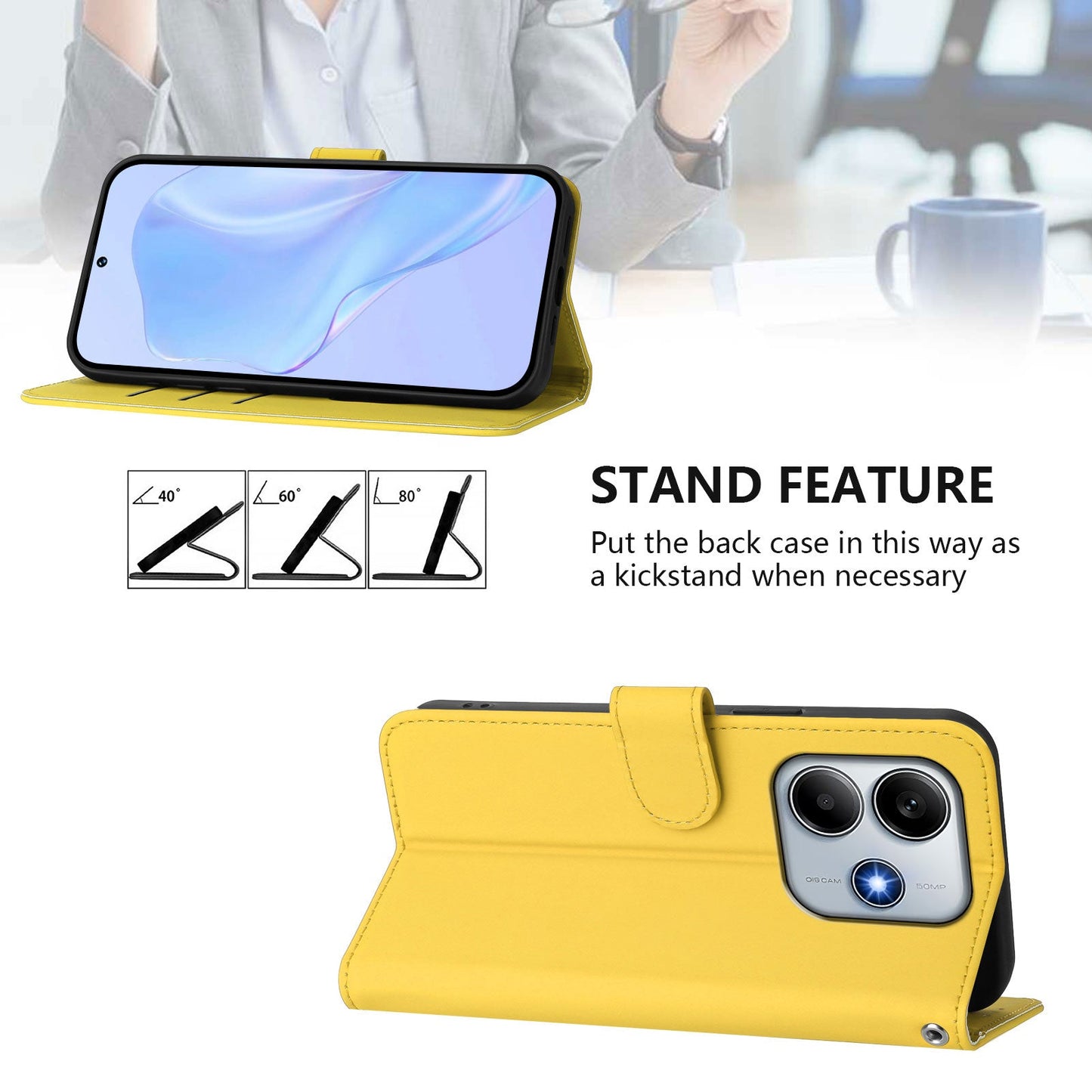 For Xiaomi Redmi Note 14 5G Case Solid Color Wallet Leather Phone Cover with Strap - Lemon