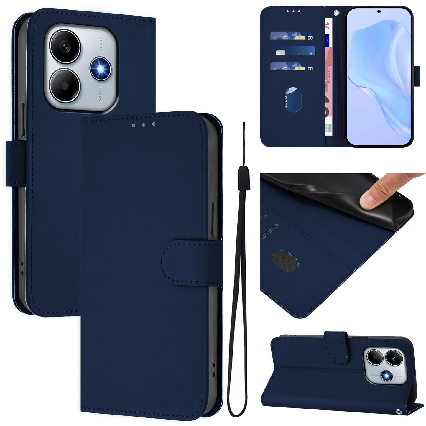For Xiaomi Redmi Note 14 5G Case Solid Color Wallet Leather Phone Cover with Strap - Navy Blue